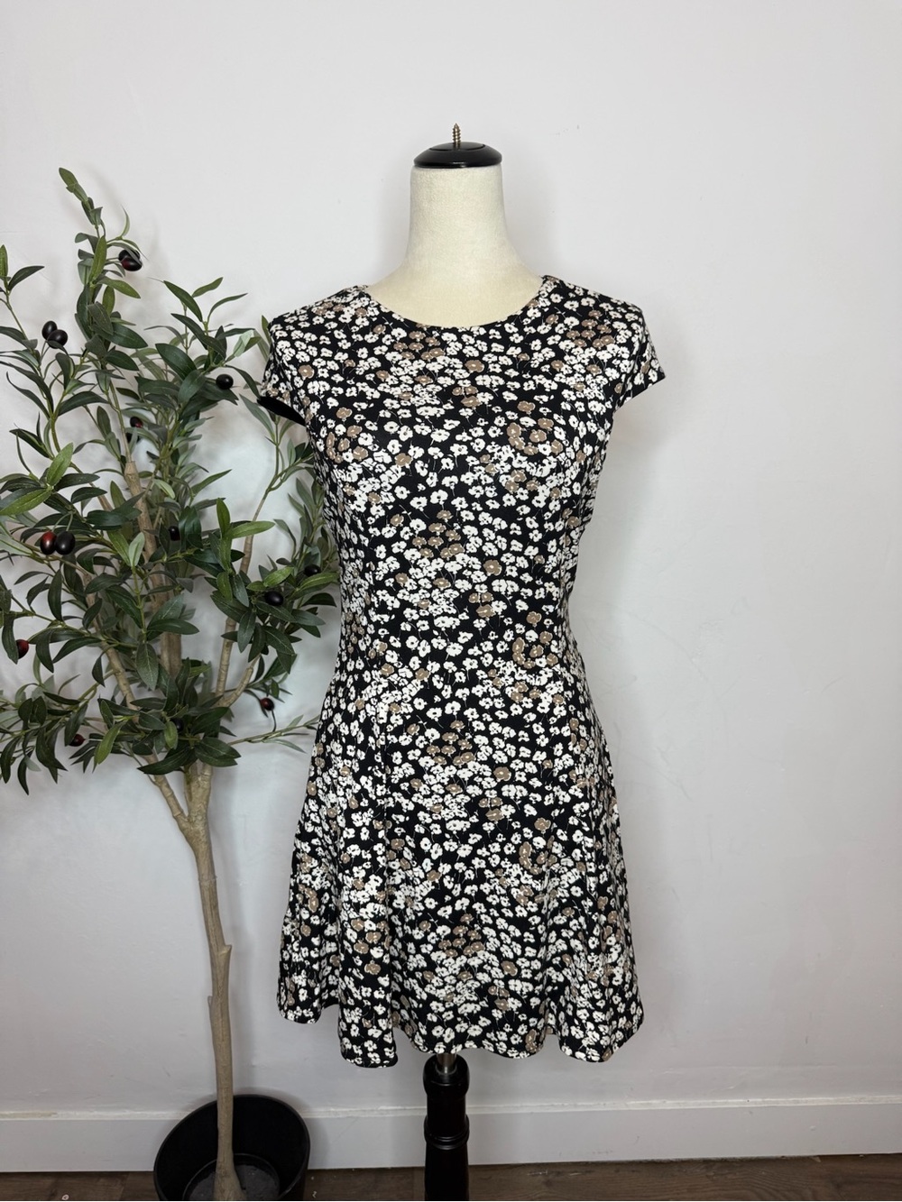 Reformation Black Floral Cap-Sleeve Fit & Flare Mini Dress